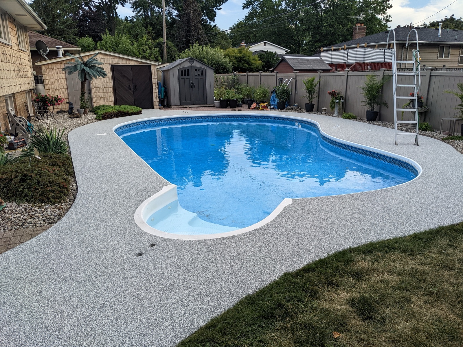 Tan resin pool deck with palm decor — after