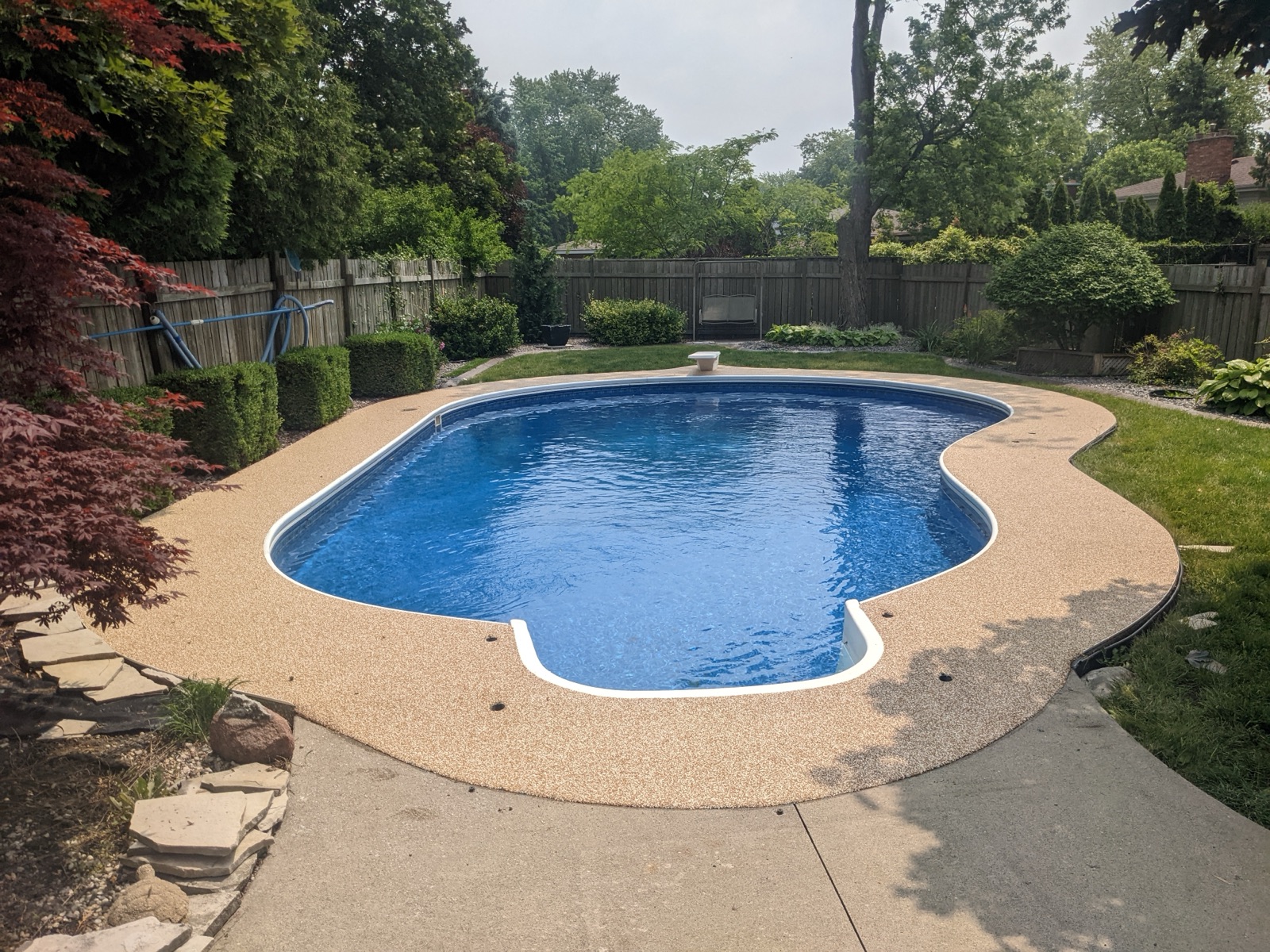 Tan pool deck framed by red maple — after